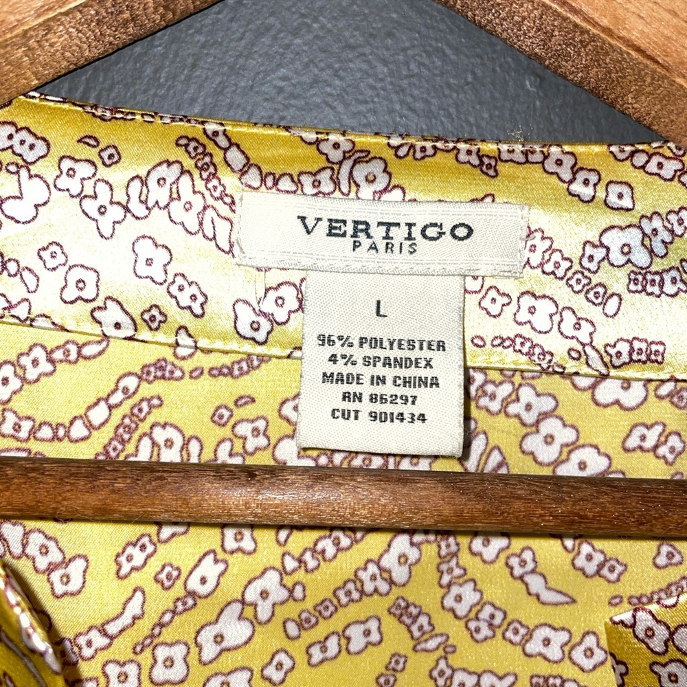 Vertigo Paris Yellow Patterned Blouse Silky w Waist Tie Ruffle Sleeve